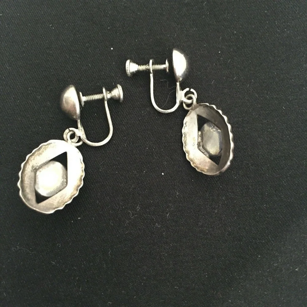 Vintage Sterling Silver Native American Dangle Earrings Screw Back Turquoise